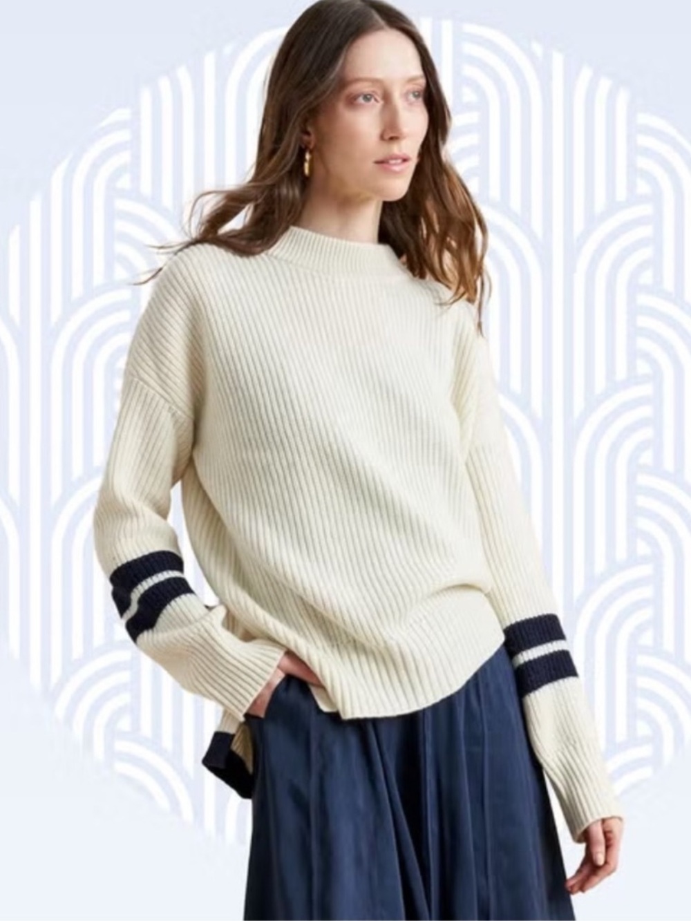 La Ligne Collegiate Sweater Cashmere Cream Navy Stripe Oversized Rib Knit XS